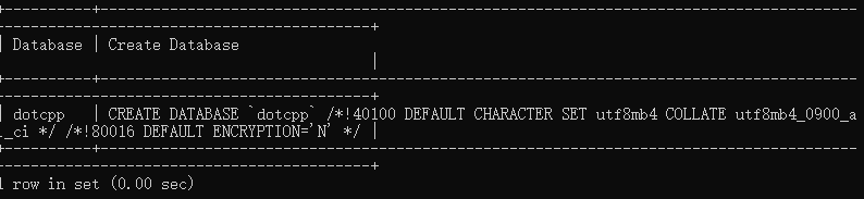 查看dotcpp数据库下的默认字符集