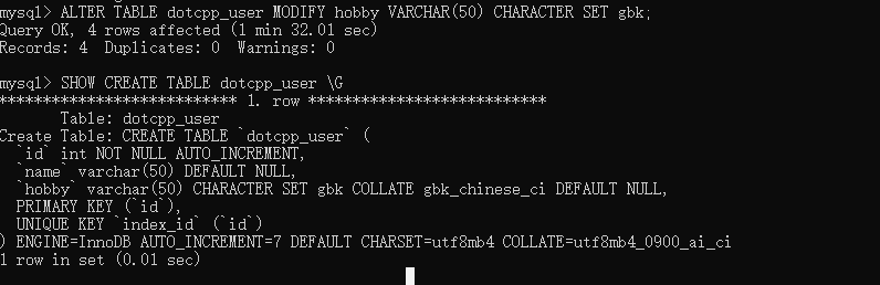 dotcpp_user表对hobby字段进行gbk字符集修改并 dotcpp_user表对hobby字段进行gbk字符集修改并