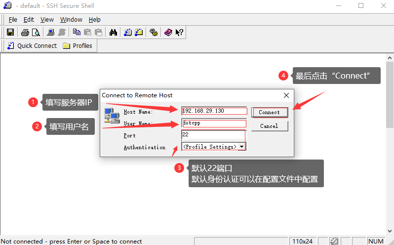 填写服务器IP,用户名并点击“Connect” 填写服务器IP,用户名并点击“Connect”